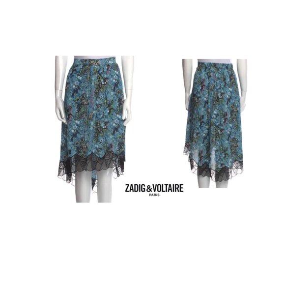 Zadig & Voltaire Joslin Bohemian Patch Blue Print and Lace high low skirt Sz M - Picture 1 of 7